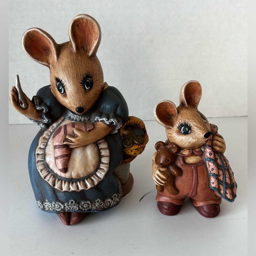 Two Vintage Signed Ceramic Mice. Sewing and Little Mouse